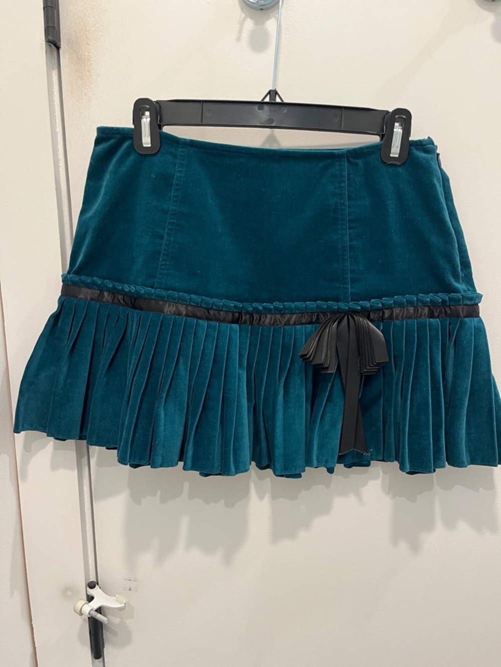 Betsey Johnson Teal Velvet Pleated Mini Skirt with Black Ribbon Trim